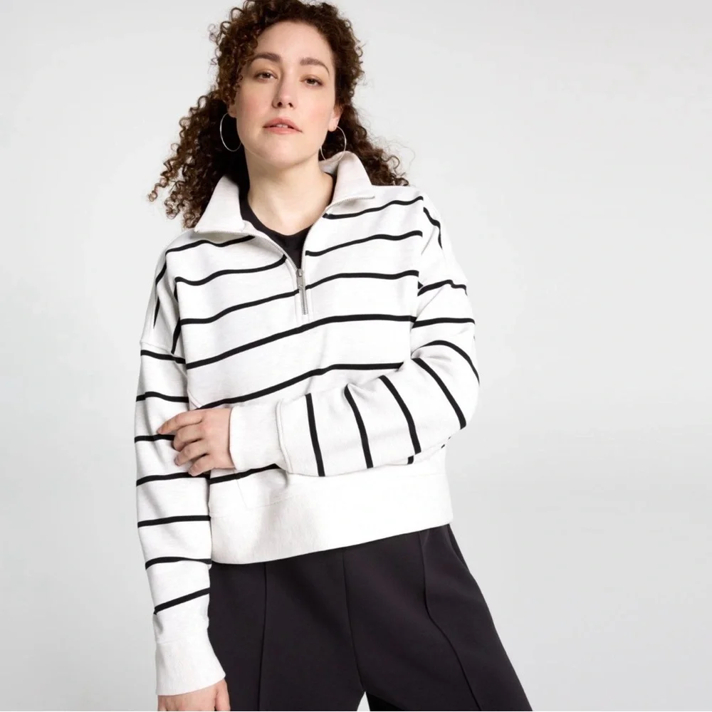 (NWT) CALIA Soft Scuba Ottoman Mock Neck 1/4 Zip in Cloud Cover Heather Stripe - Picture 1 of 16